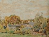 an oil painting of a farm with a house in the distance