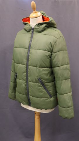 BENETTON – Doudoune à capuche, femme, kaki doublée orange. Taille...