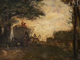 an image of a painting of a man on a horse drawn carriage