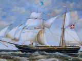 painting of a sailing ship in rough water with a flag on the mast