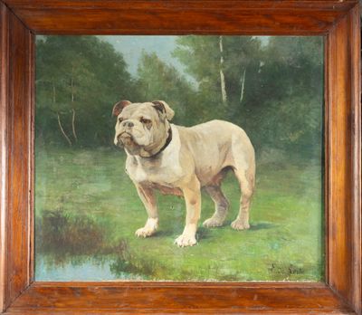 une peinture à l'huile représentant un chien debout dans un champ, avec des arbres en arrière-plan