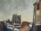 an oil painting of a street scene with buildings and a church in the background