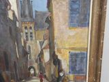 a painting of a street scene with people walking down the street