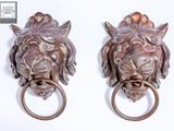 pair of bronze lion head door knockets on a white background