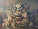 un tableau représentant des fleurs dans un vase posé sur un rebord