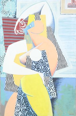 une peinture représentant une femme assise sur une chaise