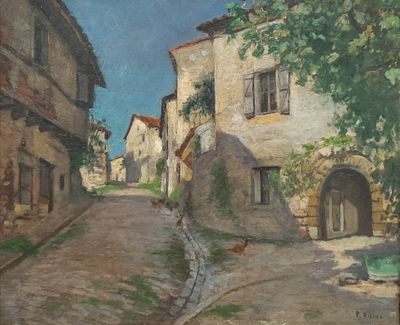 painting of a street in a small town with buildings and a cat