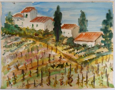 une aquarelle représentant une maison à la campagne