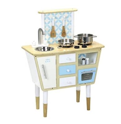 a toy kitchen with a sink, stove, pot and pans
