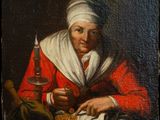 un vieux tableau représentant une femme tenant une bougie à la main