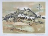 painting of an old farm house with a windmill in the background