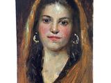 une peinture à l'huile représentant une femme portant un voile sur la tête