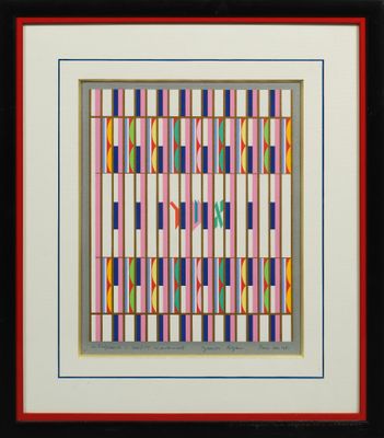 une peinture composée de lignes et de carrés colorés sur fond noir