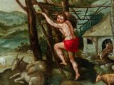 a painting of a man hanging from a tree