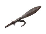 an old knife with a hook on it on a white background