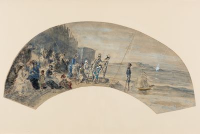 peinture d'un groupe de personnes se tenant sur une plage près d'une étendue d'eau
