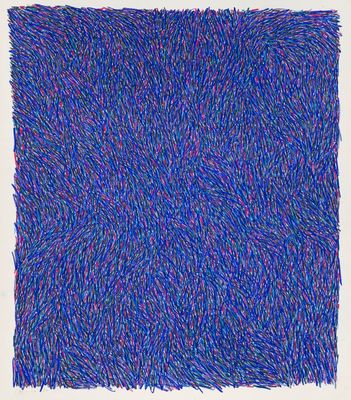 a drawing of a square of blue and purple yarn on a white background