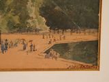 a painting of people walking in a park with umbrellas