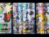 Trois types différents de cartes Pokémon sont représentés sur un fond noir.