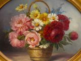a painting of flowers in a basket on a table