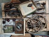 a wooden box filled with assorted items on a table
