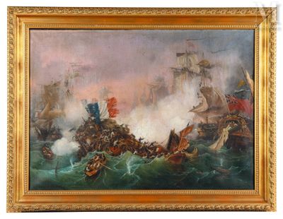 une image représentant un tableau illustrant une bataille navale avec des navires sur l'eau