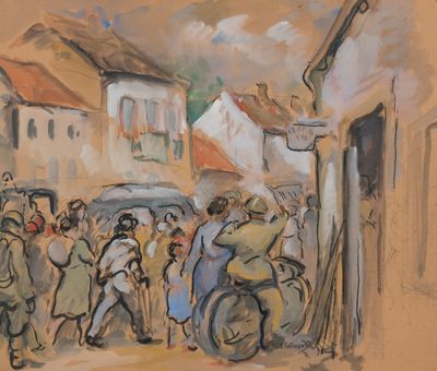 a painting of a group of people walking down the street