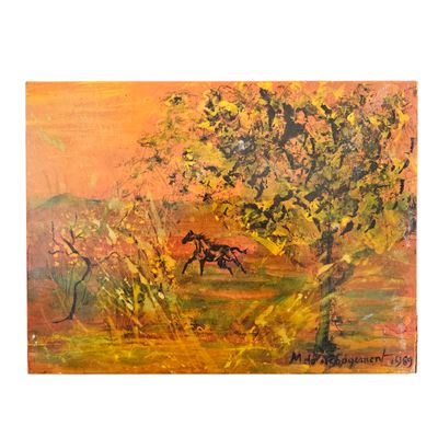 une peinture à l'huile représentant un cheval galopant dans un champ bordé d'arbres