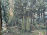 une peinture à l'huile représentant un jardin avec des arbres et des fleurs au premier plan