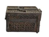 an old wooden box with a handle on a white background