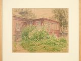 une image représentant un tableau d'une maison rouge dans un jardin