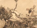 un dessin représentant un homme à cheval, avec un moulin à vent en arrière-plan