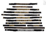 several black and gold lanyards with gold letters on them