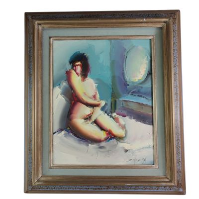 painting of a naked woman sitting on a bed in a room