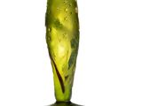 un vase en verre vert orné d'une feuille verte