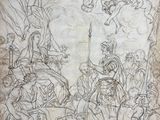 a drawing of a scene with a man on a horse and a woman on a horse