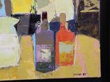 a painting of three bottles of wine on a table