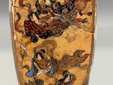 an image of a vase with a painting on it sitting on a table