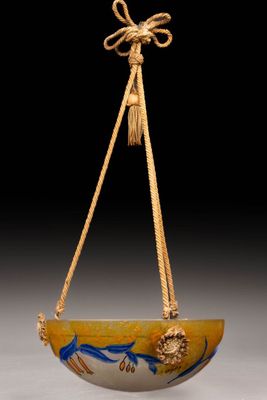 LEGRAS. Suspension vasque en verre peint à décor de fleurs. …