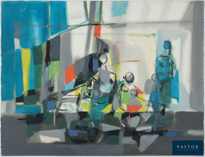 abstract painting of a group of people standing in a room