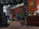 un tableau représentant une femme assise sur une chaise dans une pièce