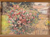 une peinture à l'huile représentant une scène de jardin avec une clôture et des fleurs