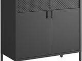 a black cabinet with a wooden top and two doors