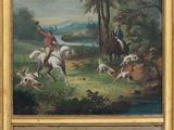 painting of a hunting scene with a man on a horse and a dog
