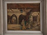 painting of a courtyard with a dog and a cat in the foreground