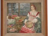 a painting of a woman holding a basket of vegetables