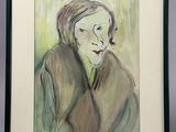 painting of a woman in a fur coat in a black frame