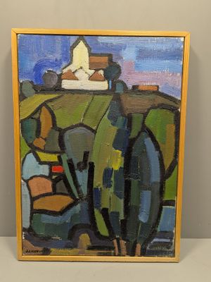 une peinture à l'huile d'un paysage avec une maison au loin