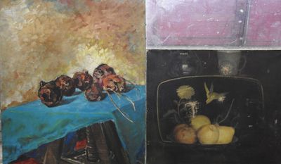 tableaux représentant des fruits et des légumes posés sur une table recouverte d'une nappe bleue