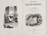an open book with illustrations of a man and a woman sitting on a bench